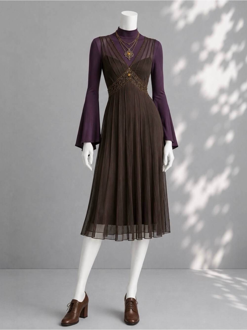 ECI Dress Brown Beaded Sequin Sleeveless Mesh Whimsigoth Retro 20s Midi Size 8